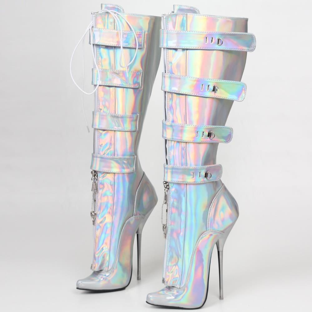 Pair of iridescent silver mid-calf boots with multiple straps and stiletto heels