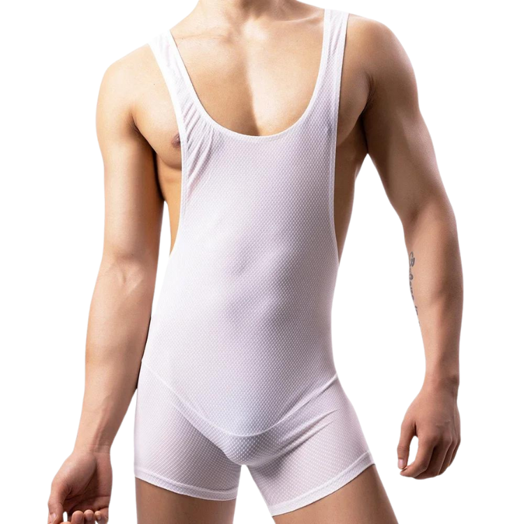 Front view of a model wearing a white mesh wrestling singlet with shorts-length legs