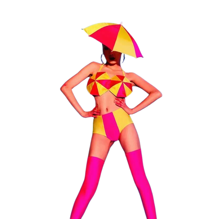 Front-view model wearing a neon pink and yellow bikini costume with matching umbrella headdress