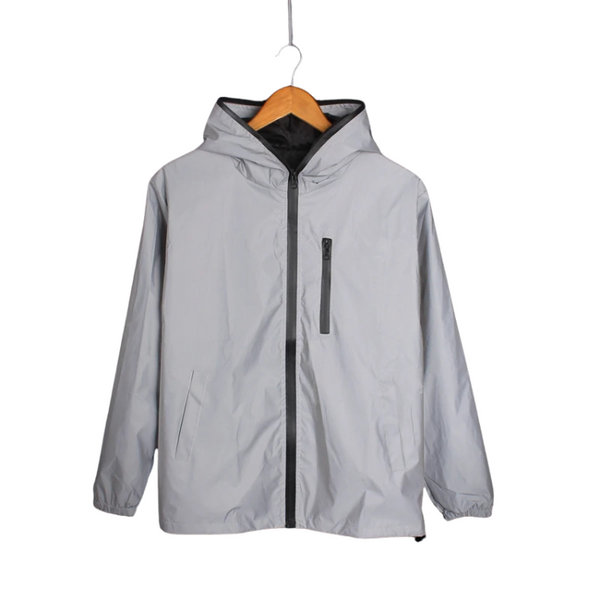 Front view of a light gray hooded jacket hanging on a wooden hanger
