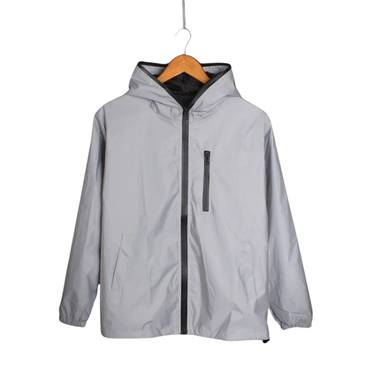 Front view of a light gray hooded jacket hanging on a wooden hanger