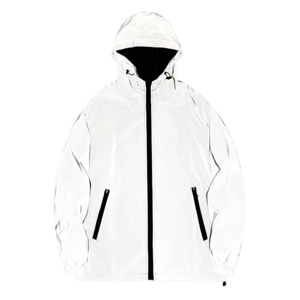 Front view of a white hooded jacket with black zipper and angled pocket zippers