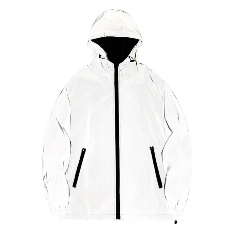 Front view of a white hooded jacket with black zipper and angled pocket zippers