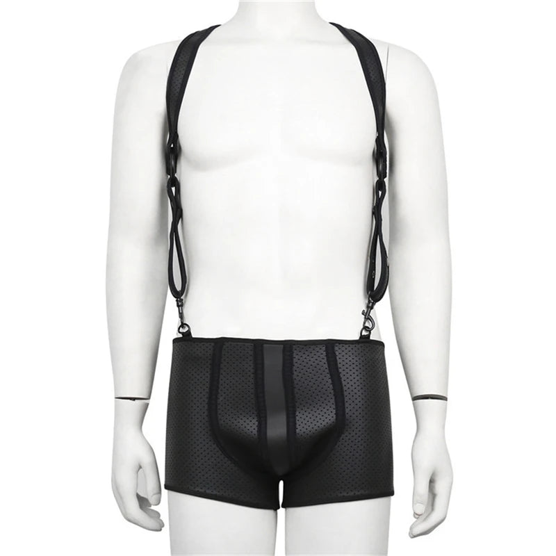 Black neoprene fetishwear suspenders with adjustable straps and metal clips, worn over mesh shorts