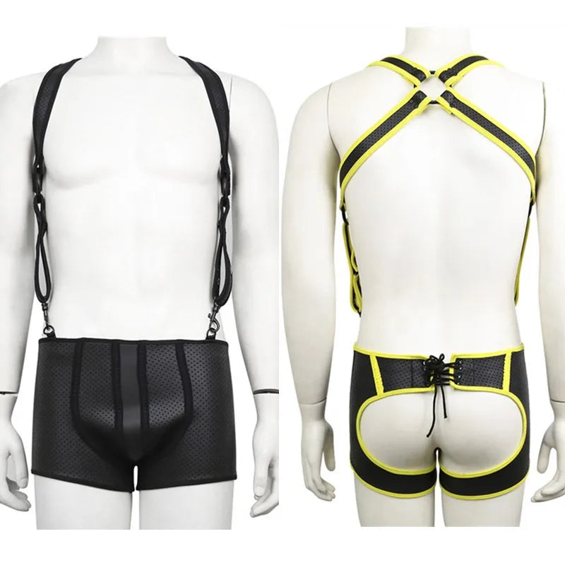 Front and rear views of black mesh fetishwear suspenders with neon yellow trim and hardware