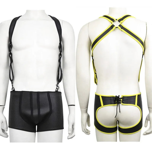 Front and rear views of black mesh fetishwear suspenders with neon yellow trim and hardware