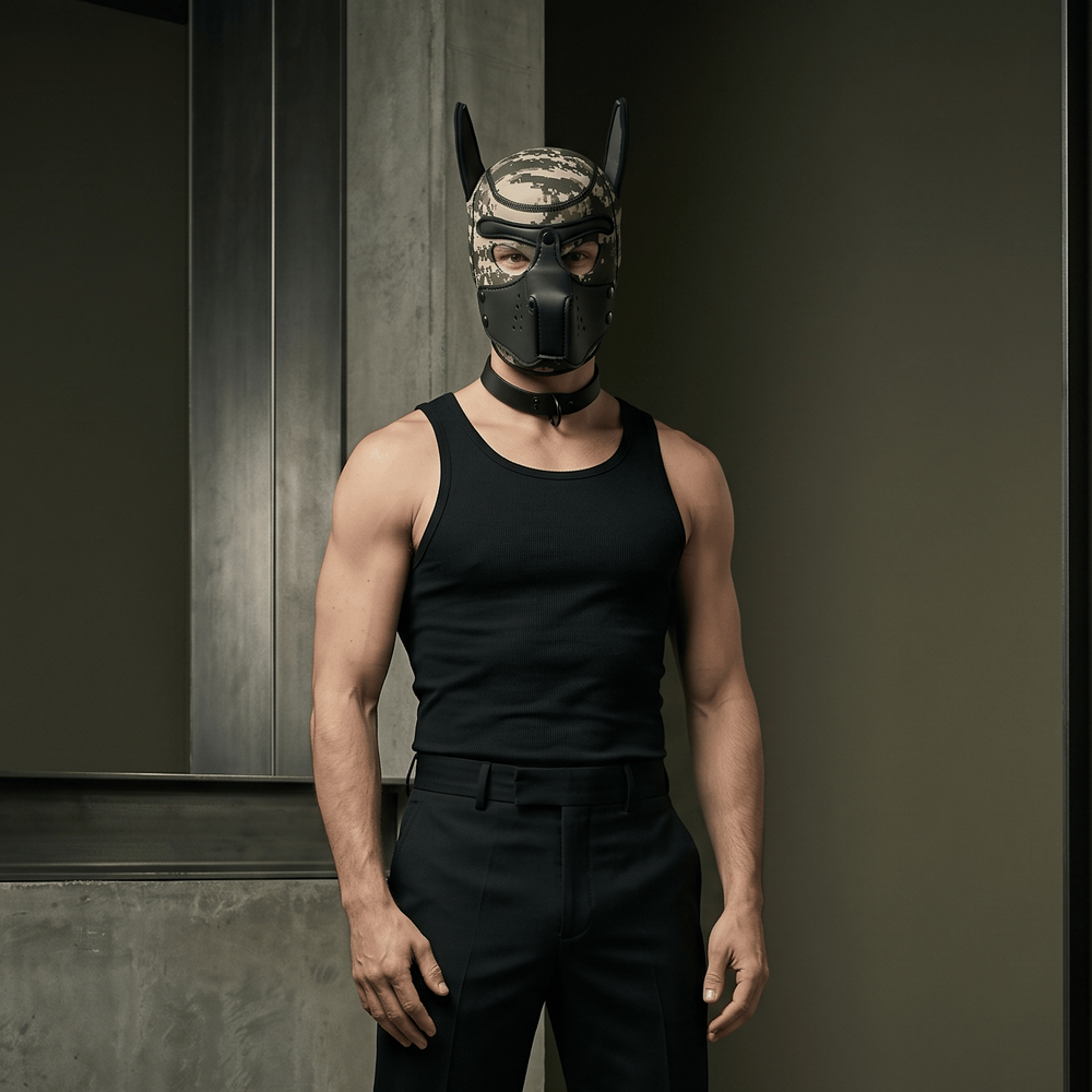 Model wearing a camouflage neoprene puppy hood with pointed ears and muzzle