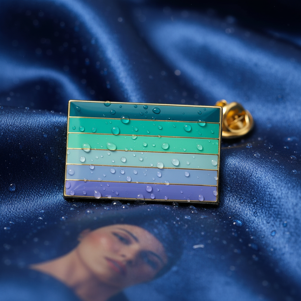 Rectangular teal-to-lavender striped enamel pin with water droplets on blue satin