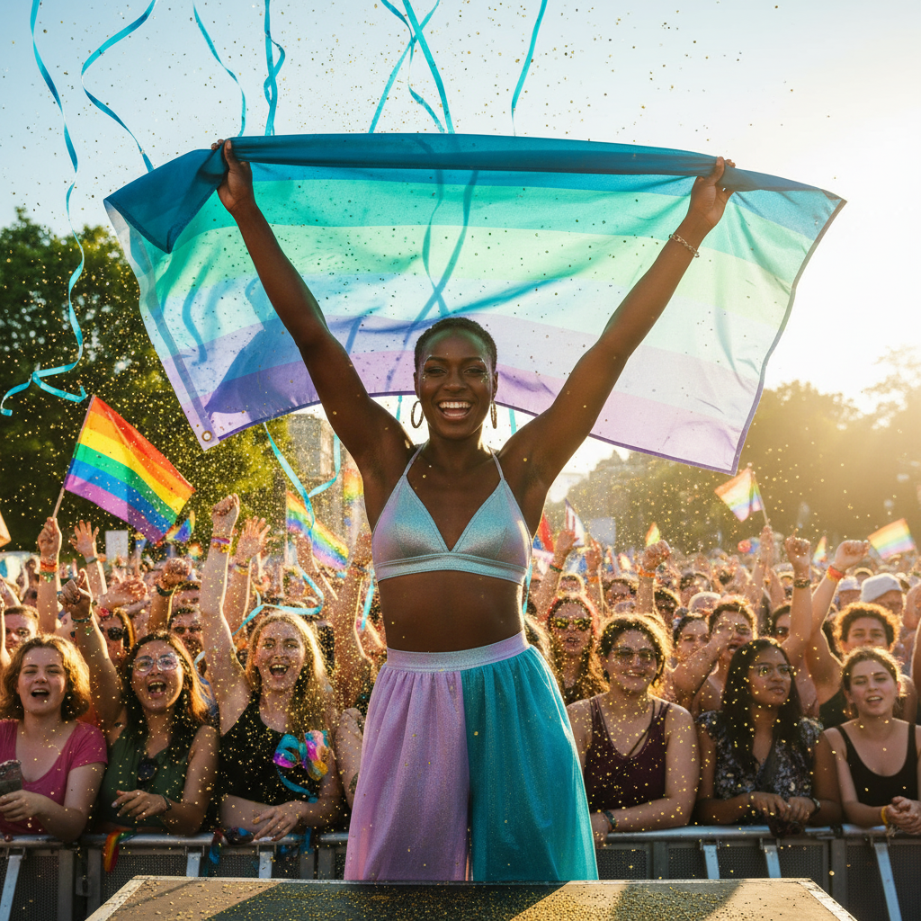 Smiling person holds a blue, white, and lavender pride flag above a cheering parade crowd