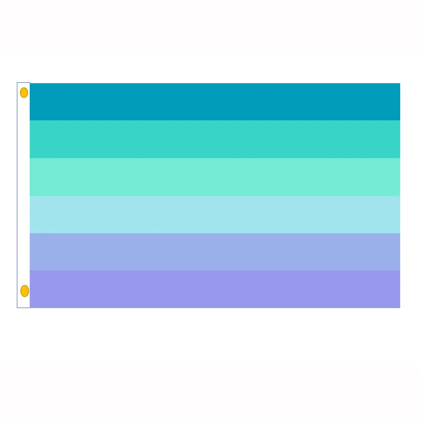 Neptunic pride flag shown horizontally with seven blue-to-lavender stripes and two yellow grommets
