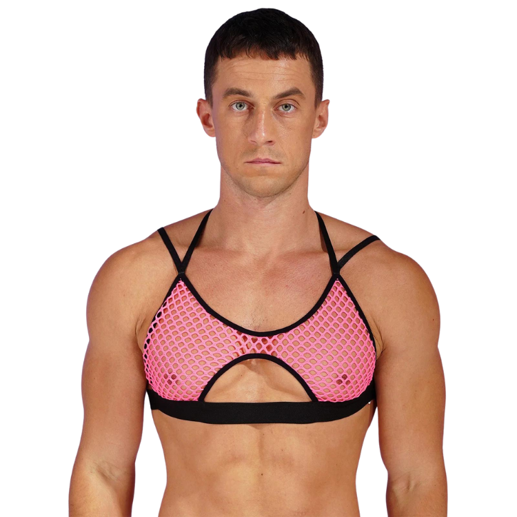 Front-facing person wearing a pink fishnet camisole with black trim and a below-bust cutout