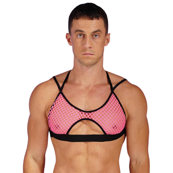 Front-facing person wearing a pink fishnet camisole with black trim and a below-bust cutout