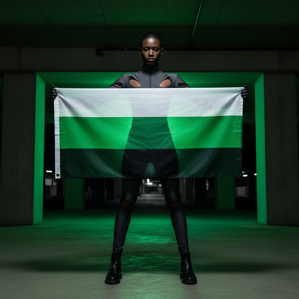 Person in black outfit holds a green, white, and black striped pride flag in a dim garage