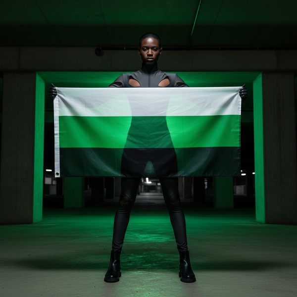 Person in black outfit holds a green, white, and black striped pride flag in a dim garage