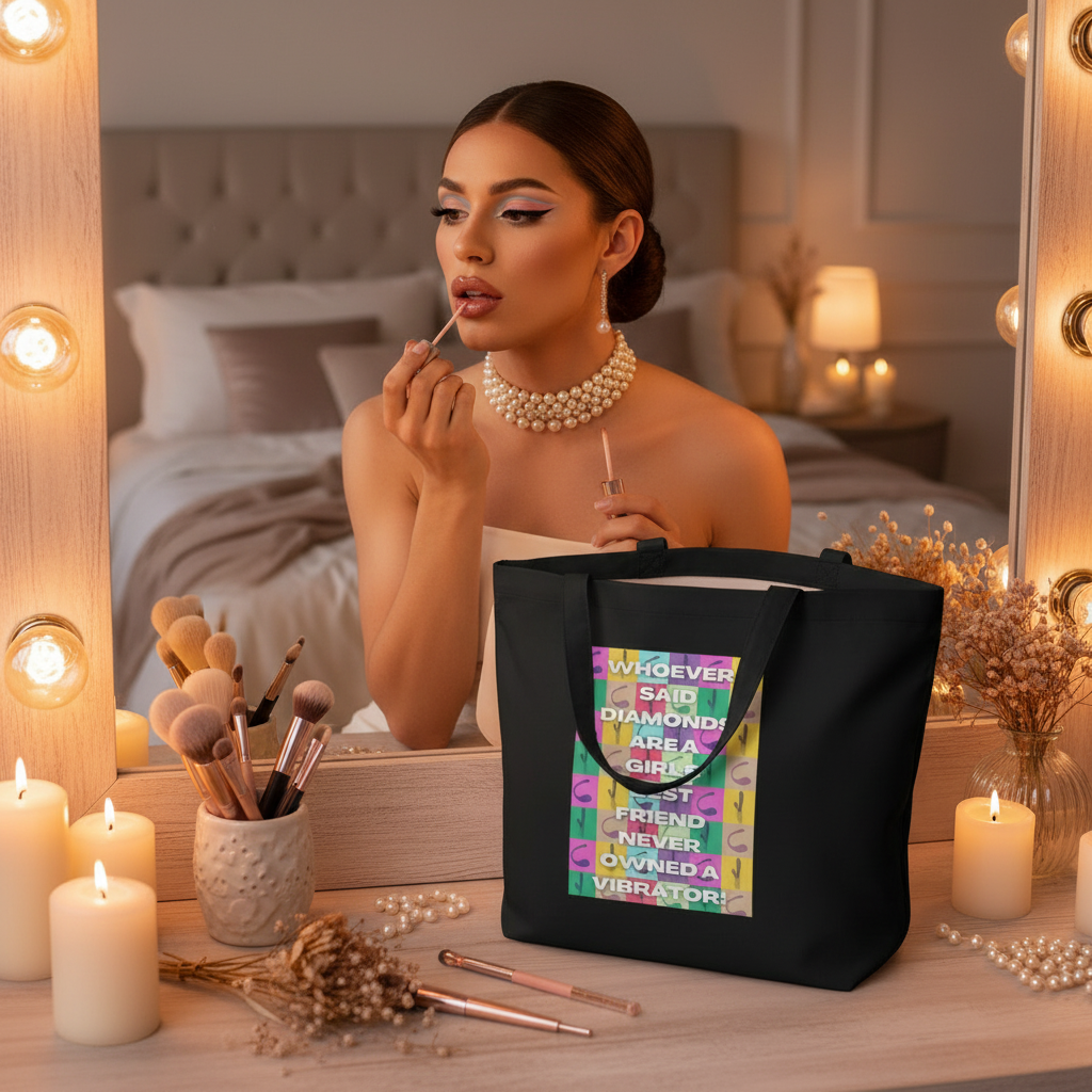 Black tote bag with colorful slogan graphic; cheeky tote bag with “Never Owned A Vibrator Eco” design