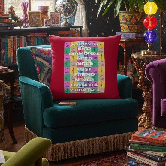 Red square vibrator-quote pillow; cheeky pillow with “Never Owned A Vibrator” design