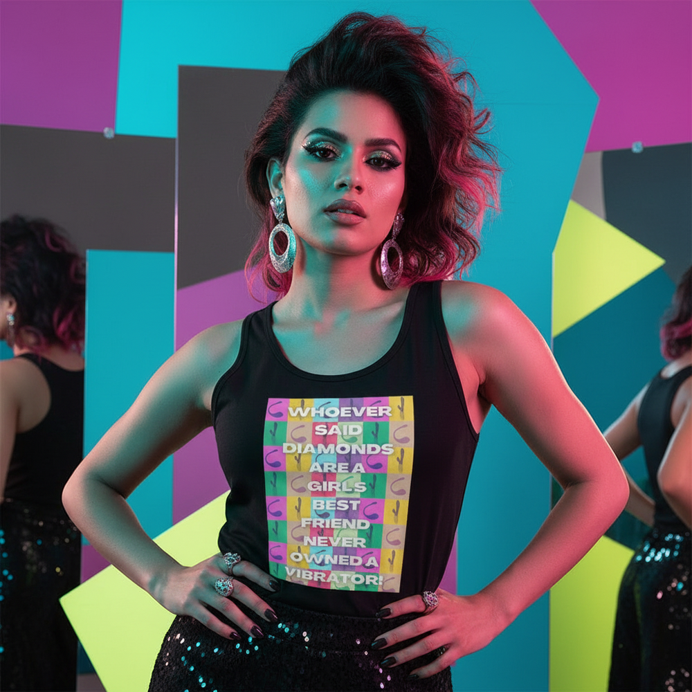 Model wearing a black tank top with a colorful vibrator slogan, hands on hips