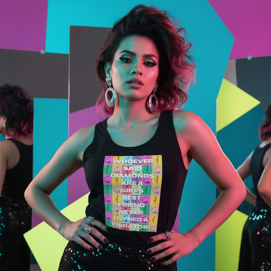 Model wearing a black tank top with a colorful vibrator slogan, hands on hips