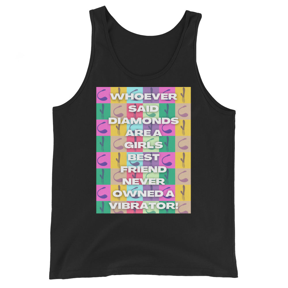 Black tank top with colorful checkerboard graphic reading “Whoever said diamonds are a girl’s best friend never owned a vi...