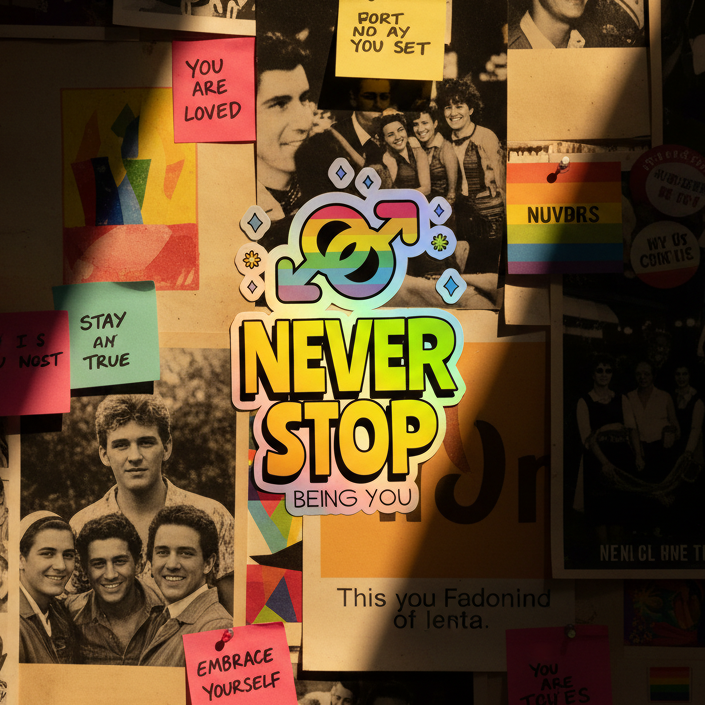 NEVER STOP BEING YOU holographic stickers pop in rainbow color with gender symbols