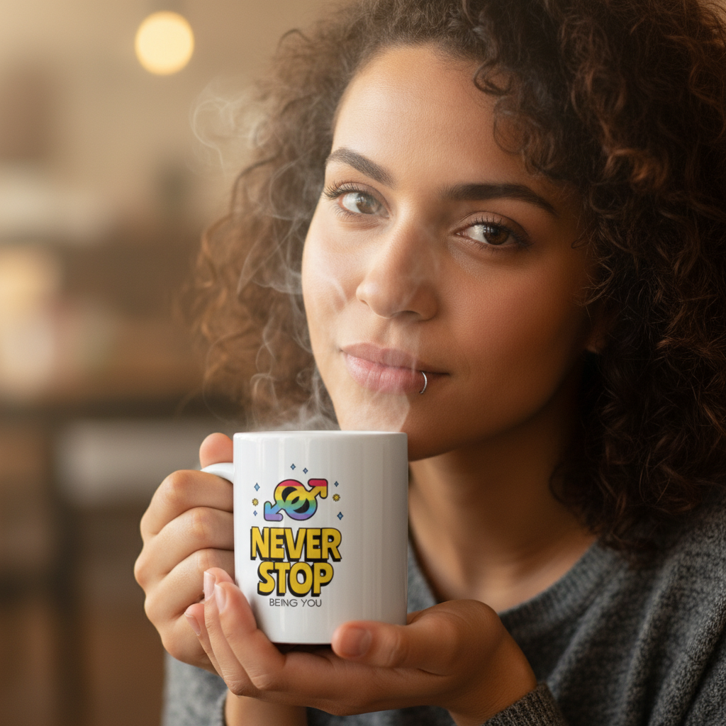 Curly-haired person holds a white mug reading “NEVER STOP BEING YOU” with a rainbow symbol
