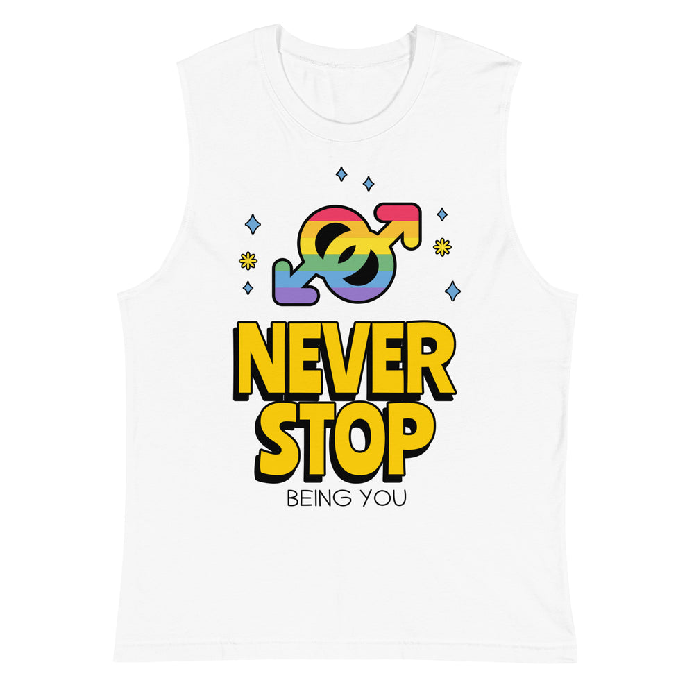 Front view of a white sleeveless top with a rainbow gender-symbol graphic and “NEVER STOP BEING YOU” text