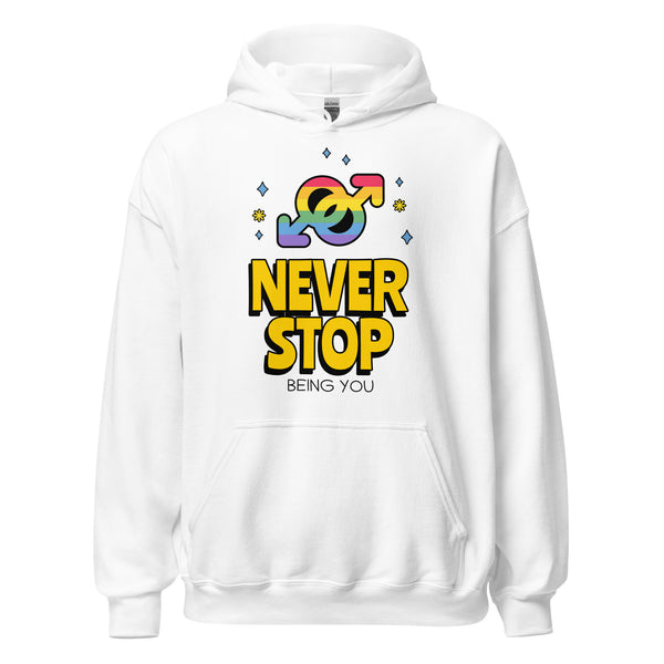 Unisex hoodie with rainbow interlocking male and female symbols, yellow NEVER STOP, black BEING YOU