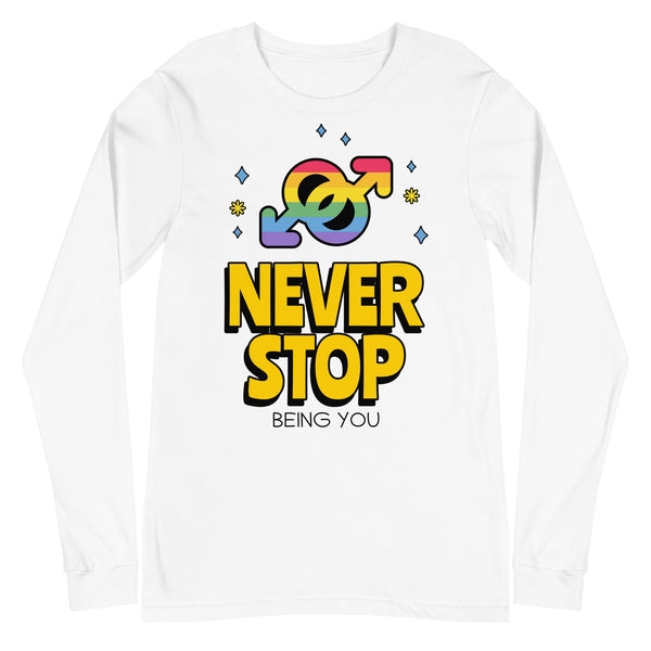 Unisex long sleeve tee with rainbow interlocked gender symbols, bold yellow “NEVER STOP” over “BEING YOU,” blue diamonds