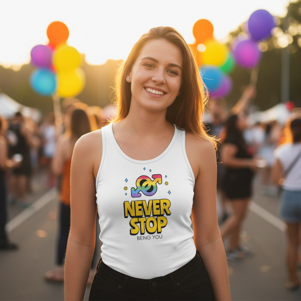 Smiling person in a white tank top with a rainbow symbol and “NEVER STOP BEING YOU” at a festival