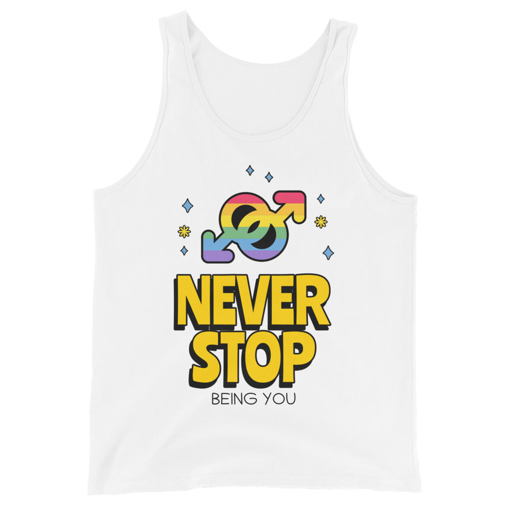 Unisex tank top with a rainbow infinity sign, gender arrows, yellow “NEVER STOP”, black “BEING YOU”, blue diamonds