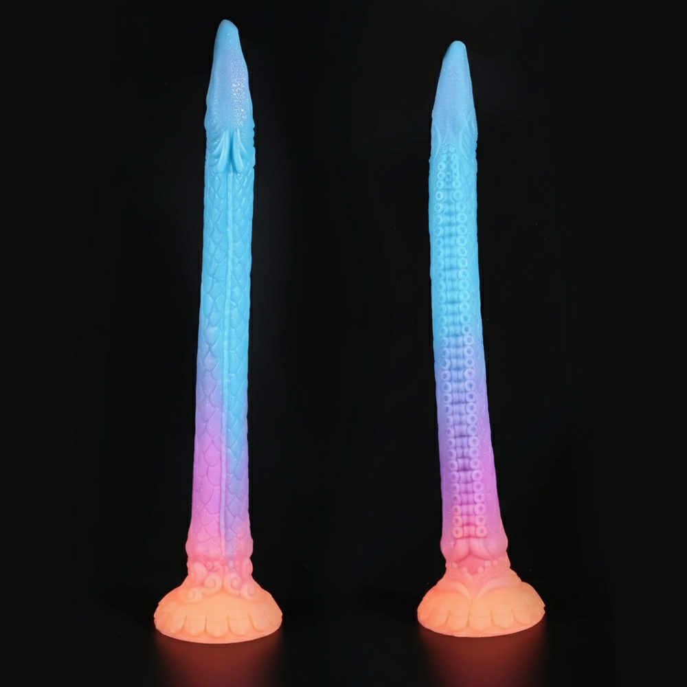 Two glowing, textured tentacle dildos standing upright on flared bases