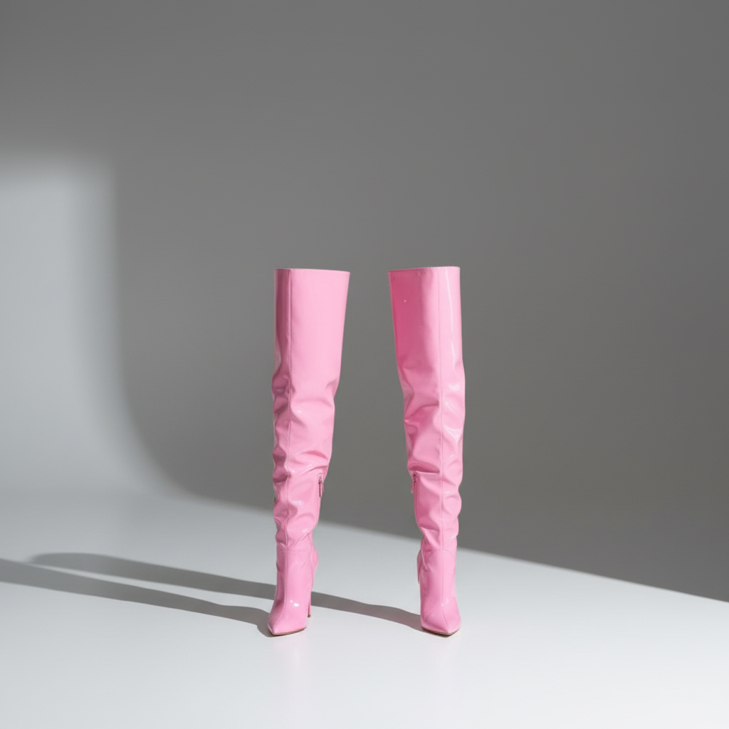 Pink stiletto boots with a glossy finish and pointed toes slay on a white surface