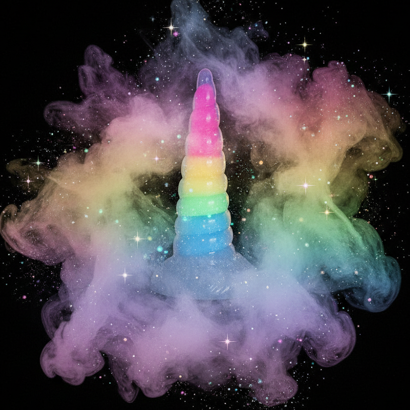 Rainbow-gradient unicorn horn dildo centered amid pastel clouds and stars