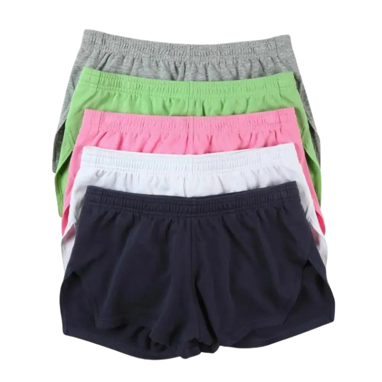 Stack of five boxer shorts in gray, green, pink, white, and navy
