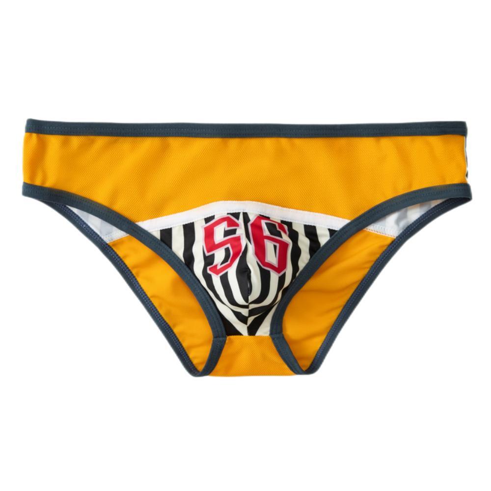 Front-facing yellow brief with dark trim and a striped pouch marked with a red-outlined 56