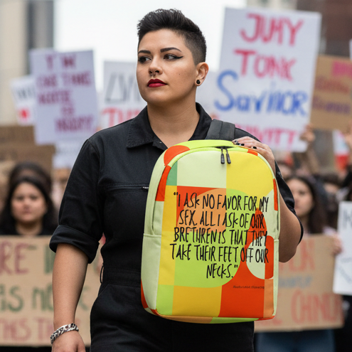 Minimalist backpack with Ruth Bader Ginsburgs “No Favor For My Sex” quote, held by a short-haired person at a protest