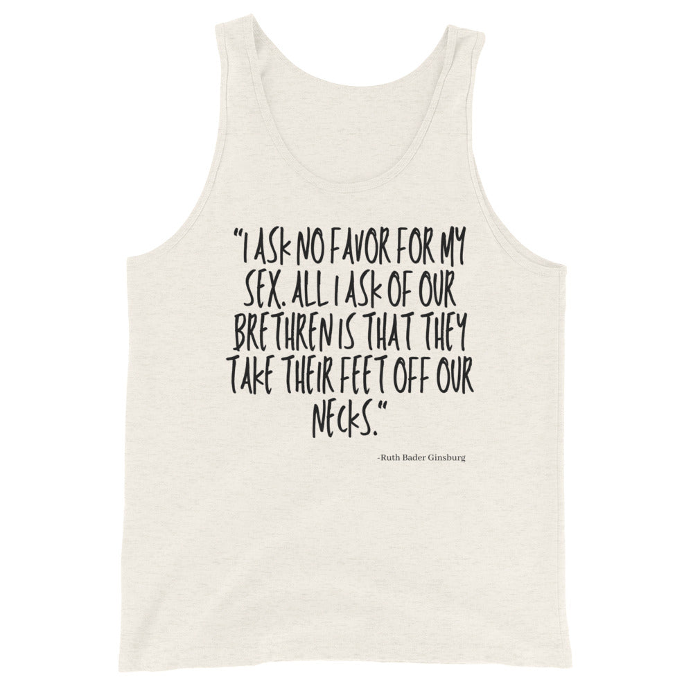 No Favor For My Sex Unisex Tank Top with “I ask no favor for my sex...” quote, worn by smiling woman at Pride with rainbow flags.