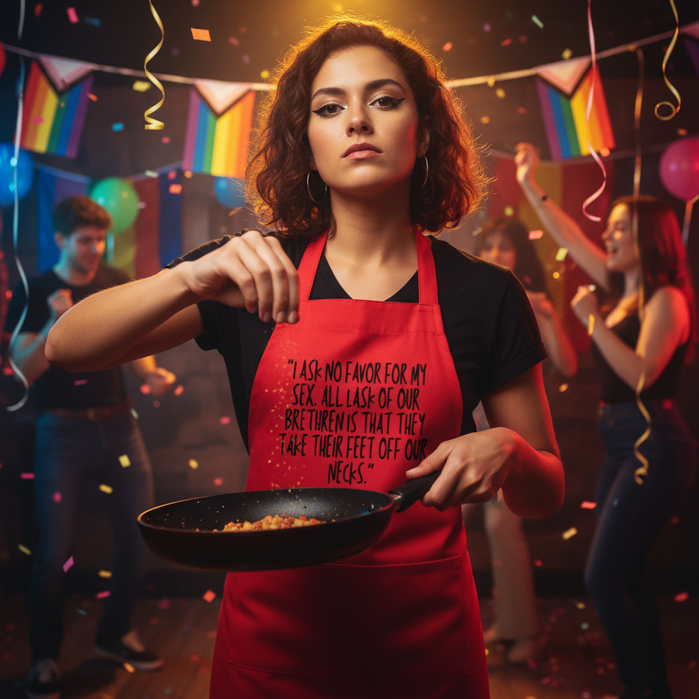 Person wearing a red slogan apron while holding a frying pan at a colorful party