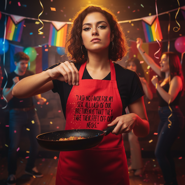 Person wearing a red slogan apron while holding a frying pan at a colorful party