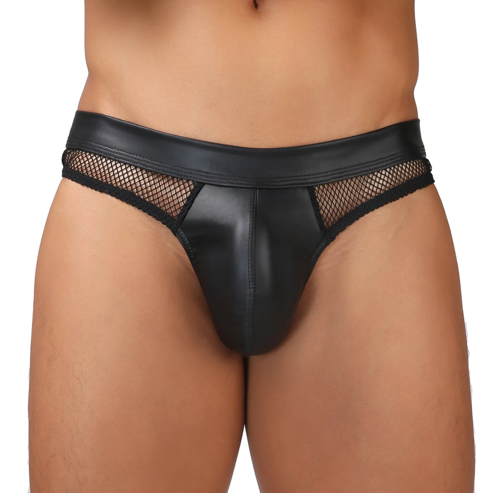Front view of a model wearing black faux-leather and mesh thong underwear