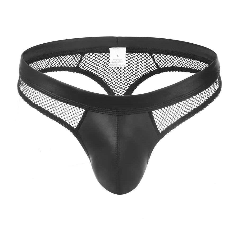 Front view of a black mesh thong with a solid pouch and wide waistband