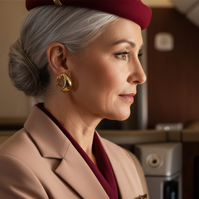 Side-profile person wearing a gold clip-on hoop earring in a cabin-like interior