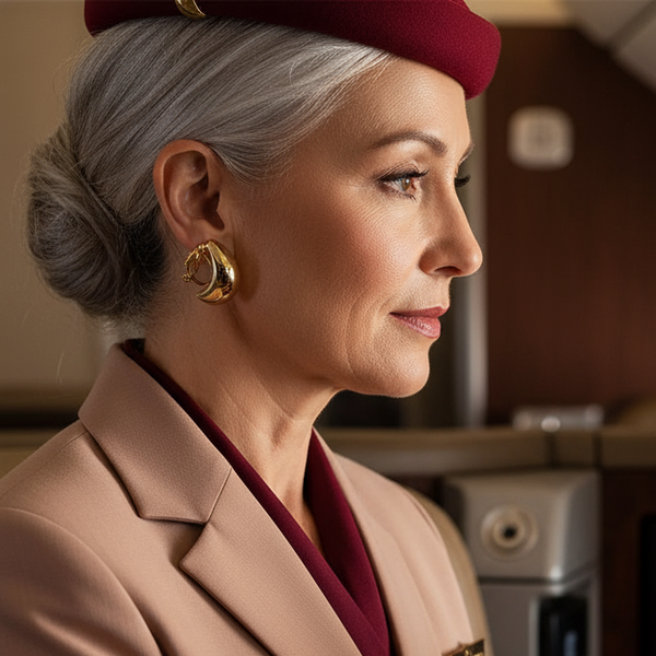 Side-profile person wearing a gold clip-on hoop earring in a cabin-like interior