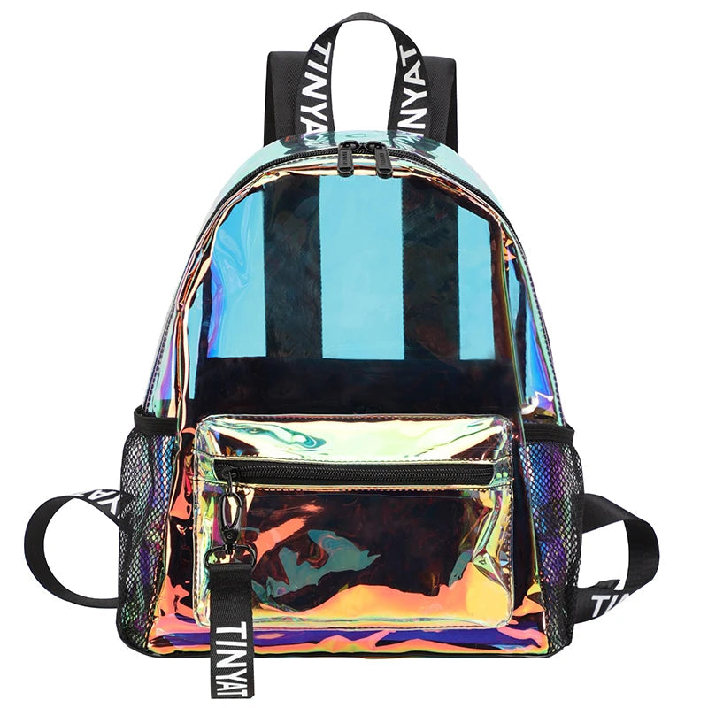 Front view of an iridescent clear backpack with a front zip pocket and mesh side pockets