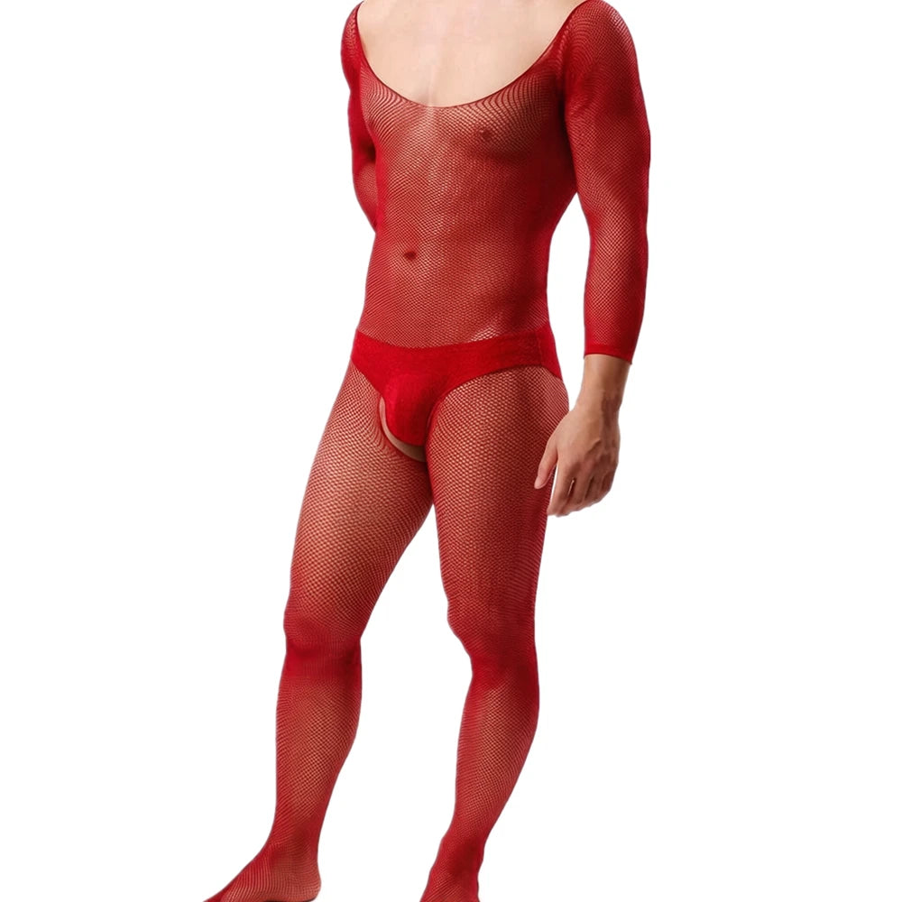 Front view of a model wearing a red long-sleeve fishnet bodysuit with matching briefs