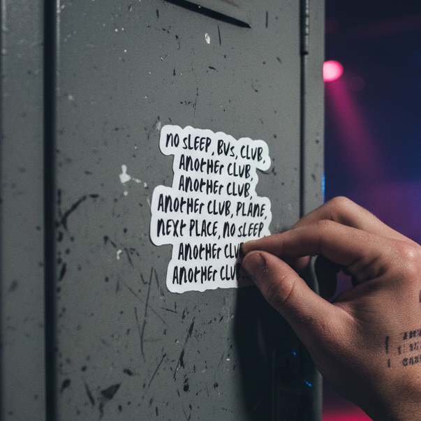 Bubble-free sticker reads "No Sleep, Bus, Club, Another Club" in handwritten black text