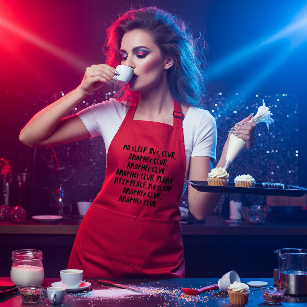 Person in a red printed apron drinks espresso while decorating cupcakes in a colorful kitchen