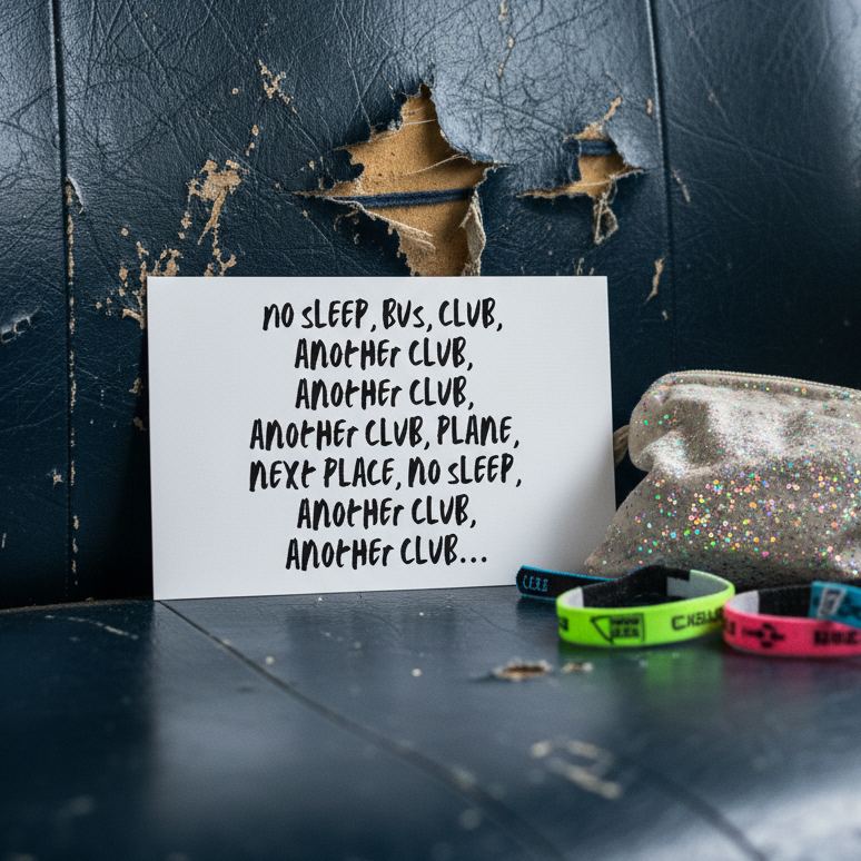 No Sleep, Bus, Club, Another Club postcard on a worn blue seat beside a glittery silver bag and rainbow event wristbands