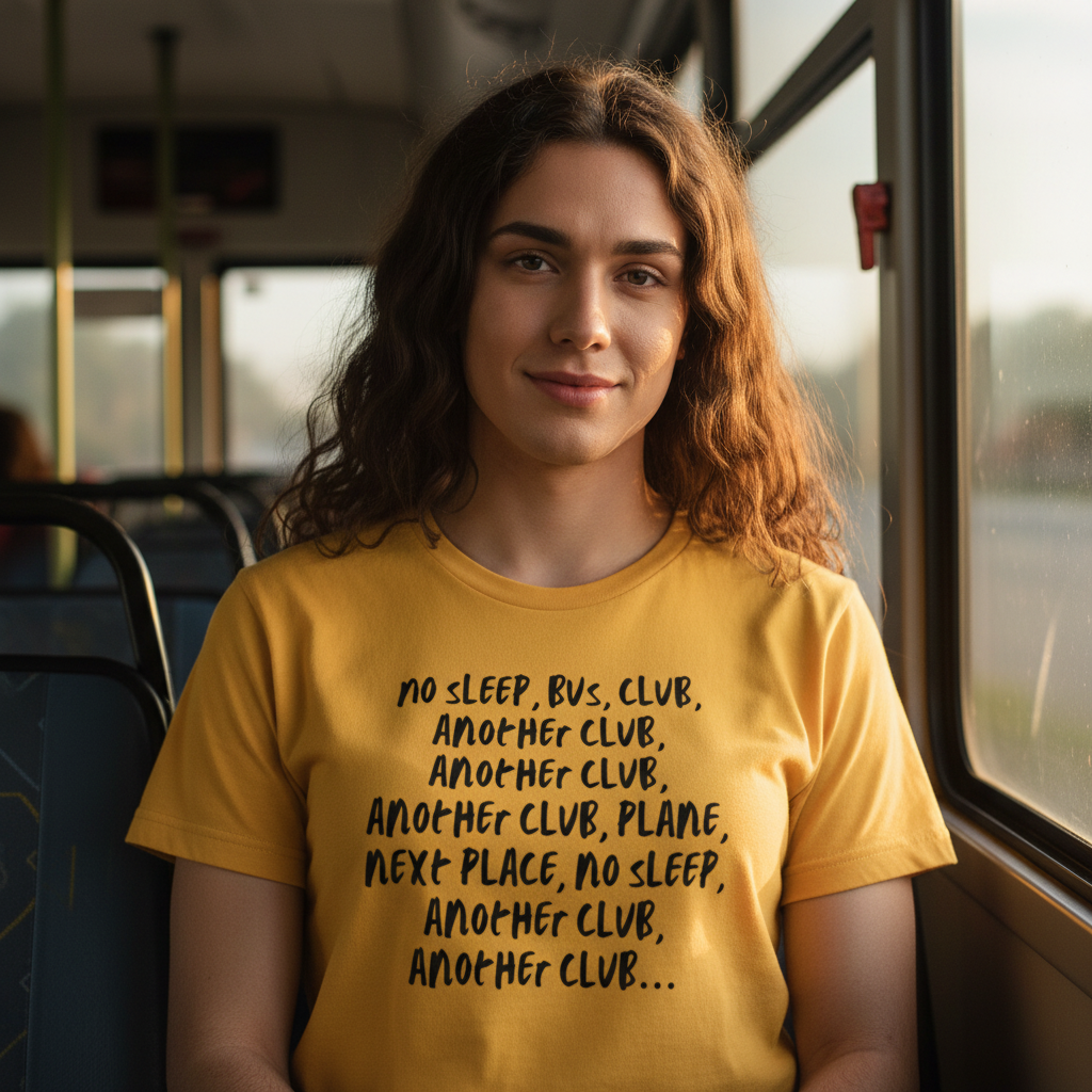 Yellow cotton T-shirt with black handwritten slogan: no sleep, bus, club, another club