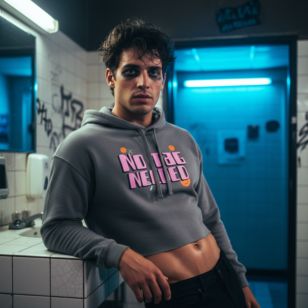 No Tag Needed Crop Hoodie, bold queer statement in a dark graffiti restroom, blue neon glow, worn by a young dark-haired man.